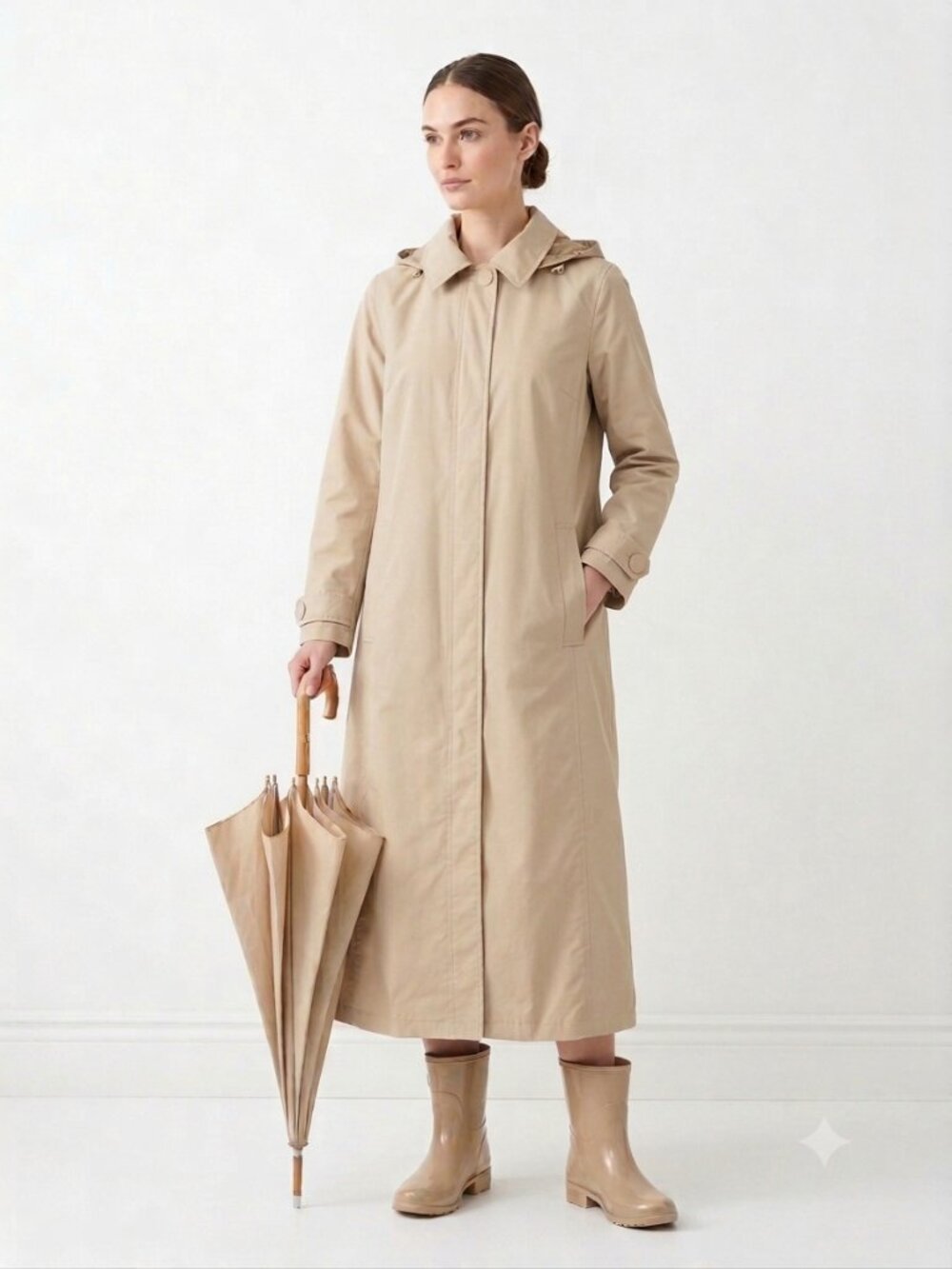 L.L. Bean Rain Trench Coat Midi Beige Wool Lining Preppy Gorpcore Hooded MP